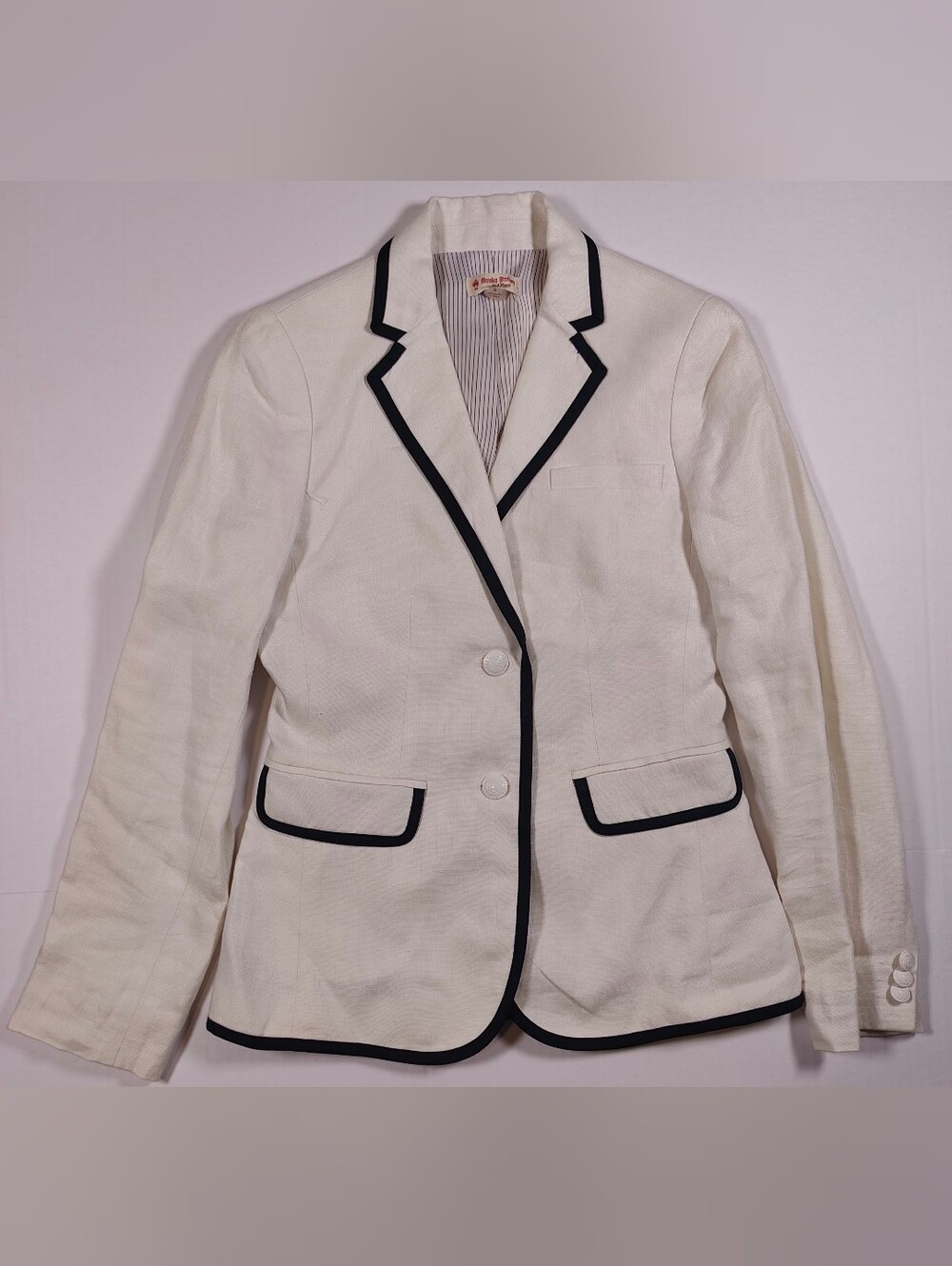 Brooks Brothers Red Fleece 100% Linen White Ivory Blazer Navy Trim Size 0
